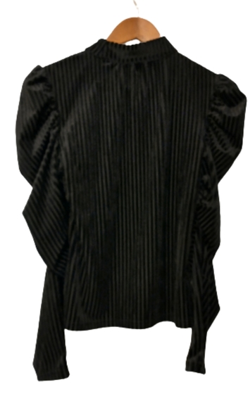 Mock Neck Top Puff Long Sleeve Rib Black Velvet M - Picture 8 of 12